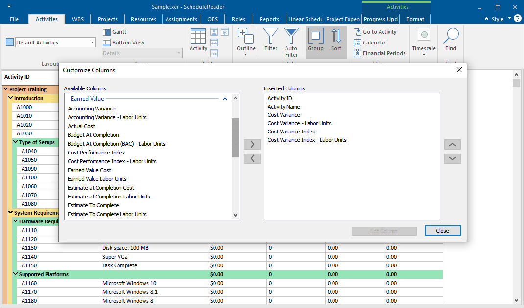 Earned value analysis in ScheduleReader