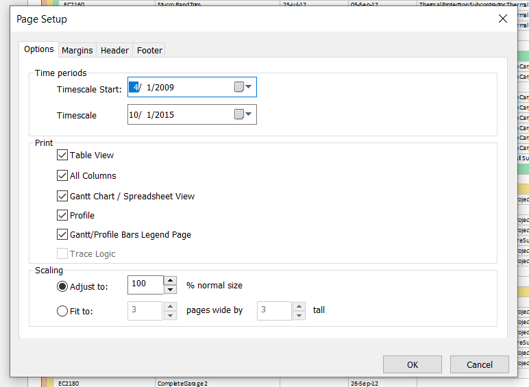 Page Setup options in ScheduleReader