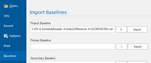 ScheduleReader Baselines for XER file from Primavera P6