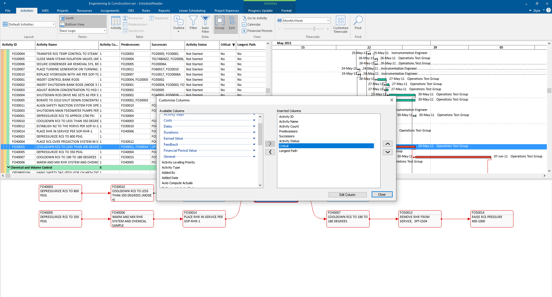 Critical column activity view