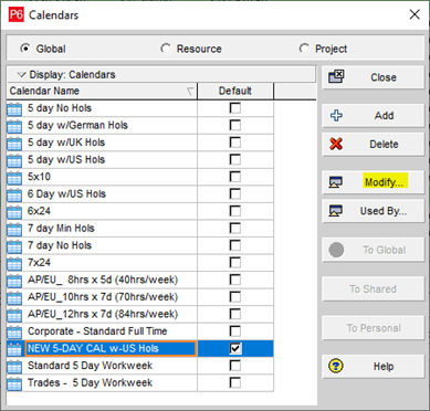 Modify calendars in P6
