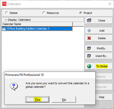 Modify global calendars in P6