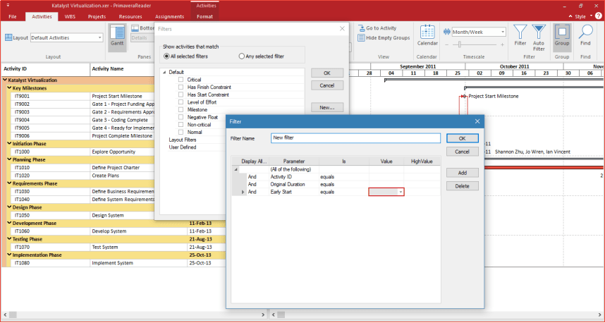 Primavera reader user defined filters