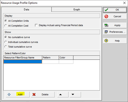 Resource usage profile options add button in P6