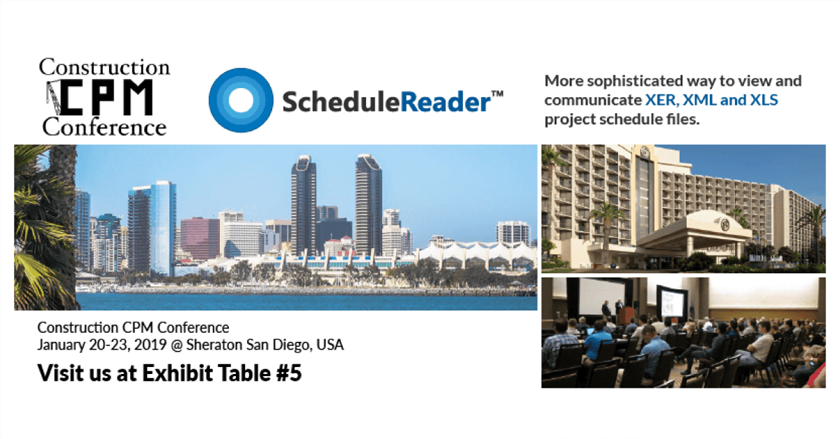 A poster for ScheduleReader at Construction CPM Conference in San Diego