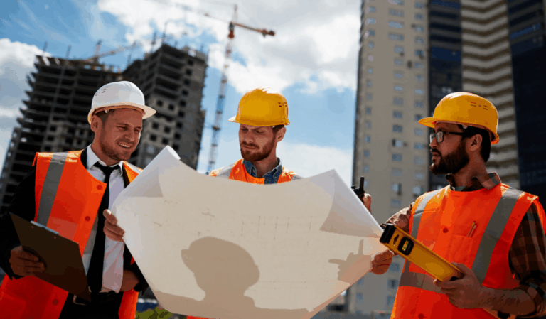 Three construction workers checking blueprint on site
