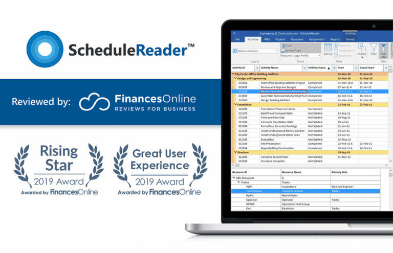 A laptop with a ScheduleReader screen, with captions "Reviewed by: FinancesOnline"