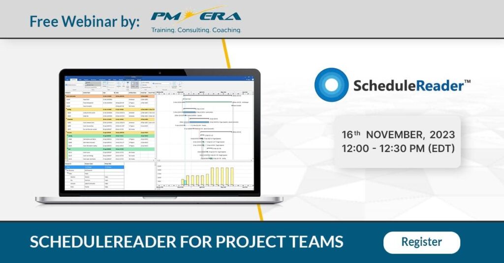 Webinars 13 Poster about a ScheduleReader webinar organized by PM Era