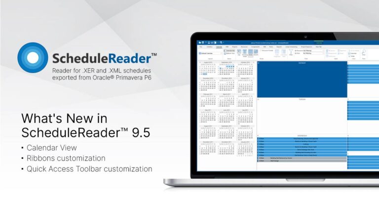 A laptop screen with ScheduleReader's Calendar View on it, with a caption "What's New in ScheduleReader 9.5"