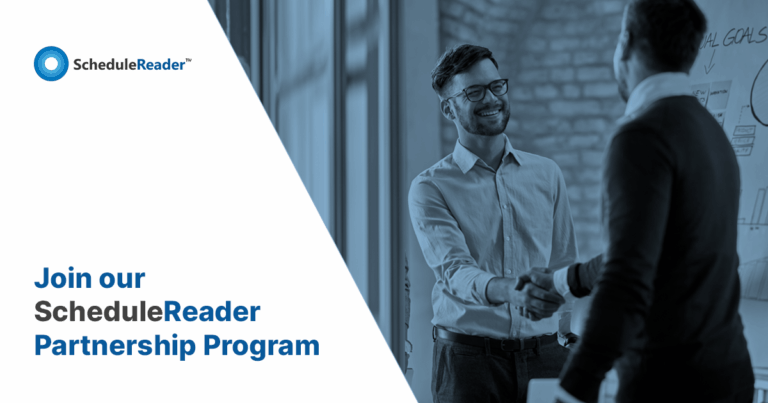 Photo of two men shaking hands, with a caption "Join our ScheduleReader Partnership Program"