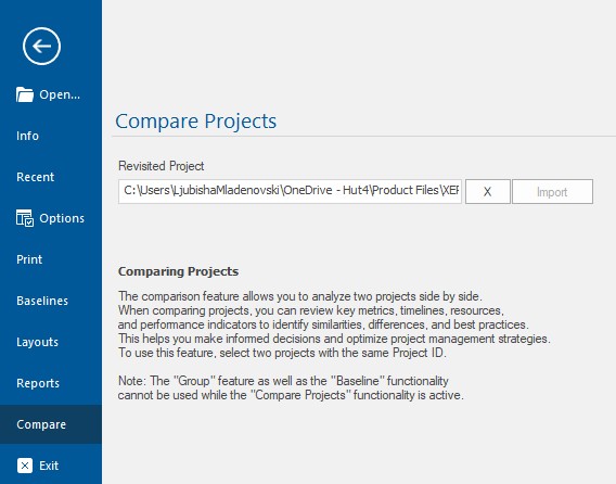 Compare Project menu