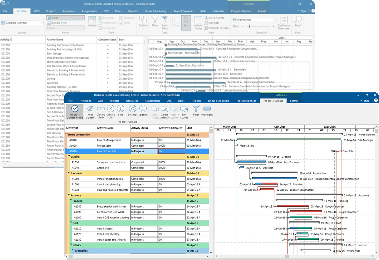 Home 19 ScheduleReader software interface showing XER schedule analysis views